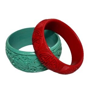 VTG Lot 2 Asian Cinnabar Red & Turquoise Color Carved Floral Bangle Bracelet